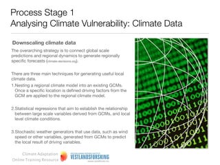 Process Stage 1
Analysing Climate Vulnerability: Climate Data
Terminology                                                 Deﬁnition
Weather               Describes atmospheric conditions at a particular place in terms of air temperature,
                      pressure, humidity, wind speed, and precipitation


Climate               Is often deﬁned as the weather averaged over time (typically, 30 years).


Climate Variability   Refers to variations in the mean state of climate on all temporal and spatial scales
                      beyond that of individual weather events. Examples of climate variability include
                      extended droughts, ﬂoods, and conditions that result from periodic El Niño and La
                      Niña events.

Climate Change        Refers to shifts in the mean state of the climate or in its variability, persisting for an
                      extended period (decades or longer). Climate change may be due to natural changes
                      or to persistent anthropogenic changes in the composition of the atmosphere or in
                      land use.

Global Warming        Global warming involves the accumulation of heat in Joules within the climate
                      system, predominantly the oceans.

                                                  Deﬁnitions based on IPCC Climate Change 2001 and 2007
                                                               Impacts, Adaptation and Vulnerability reports
     Climate Adaptation
Online Training Resource
 