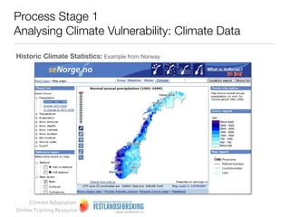 Process Stage 1
Analysing Climate Vulnerability: Climate Data

How regionalised climate data is produced

Examples from Norway:

• Historic climate statistics – www.senorge.no (interactive
  maps and statistics) – Local date in some cases – Can be
  ordered from met.no, Bjerknessenteret or Storm Weather
  Centre

• Standardised and free-of charge downscaled climate
  change projections
  – www.senorge.no (interactive maps)
  – www.klimatilpasning.no (ready made maps)

• Customised (and not free-of charge!) downscaled
  climate change projections
  – Can be ordered from met.no, Bjerknessenteret or Storm
  Weather Centre




     Climate Adaptation
Online Training Resource
 