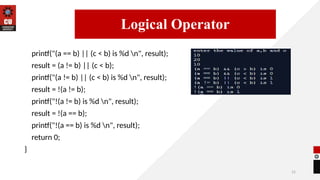 15
printf("(a == b) || (c < b) is %d n", result);
result = (a != b) || (c < b);
printf("(a != b) || (c < b) is %d n", result);
result = !(a != b);
printf("!(a != b) is %d n", result);
result = !(a == b);
printf("!(a == b) is %d n", result);
return 0;
}
14/09/2025
Logical Operator
 
