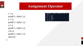 18
c -= a;
printf("c = %dn", c);
c *= a;
printf("c = %dn", c);
c /= a;
printf("c = %dn", c);
c %= a;
printf("c = %dn", c);
return 0;
}
14/09/2025
Assignment Operator
 