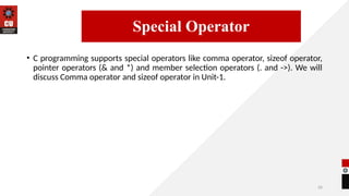 26
• C programming supports special operators like comma operator, sizeof operator,
pointer operators (& and *) and member selection operators (. and ->). We will
discuss Comma operator and sizeof operator in Unit-1.
14/09/2025
Special Operator
 