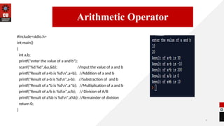 9
#include<stdio.h>
int main()
{
int a,b;
printf("enter the value of a and b");
scanf("%d %d",&a,&b); //Input the value of a and b
printf("Result of a+b is %dn",a+b); //Addition of a and b
printf("Result of a-b is %dn",a-b); //Substraction of and b
printf("Result of a*b is %dn",a*b); //Multiplication of a and b
printf("Result of a/b is %dn",a/b); // Division of A/B
printf("Result of a%b is %dn",a%b); //Remainder of division
return 0;
}
14/09/2025
Arithmetic Operator
 