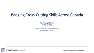 Badging Cross-Cutting Skills Across Canada
Open Badge Forum
March 1, 2019
Daniel Komesch, Director of Policy
Polytechnics Canada
1www.polytechnicscanada.ca
 
