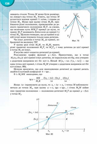 128
зивають січною. Точка М може бути розміще-
на ліворуч від точки М0
. Уявіть, що точка М
рухається вздовж кривої l і зліва, і справа до
точки М0
. Якщо при цьому січна М0
М, при-
ймаючи різні положення, прямуватиме до де-
якого граничного положення М0
Т, за умови,
що величина кута ММ0
Т прямує до нуля, то
пряму М0
Т називають дотичною до кривої l у
точці М0
. Цілком очевидно, що до кривої в од-
ній точці може існувати тільки одна дотична.
Чи існує дотична в точці М0
до кривої, зо-
браженої на малюнку 79?
У цьому разі січні М0
М1
та М0
М2
мають
різні граничні положення М0
T1
та М0
T2
, і тому дотична до цієї кривої
в точці М0
не існує.
З’ясуємо зміст поняття дотичної до кривої.
Розглянемо графік функції ( )y f x= . Припустимо, що в точці
0 0 0( ; ( ))M x f x цієї кривої існує дотична, не паралельна осі Oy, яка утворює
з додатним напрямом осі Ox кут a. Нехай ( )( )0 0;M x x f x x+ ∆ + ∆ — ще
одна точка цієї кривої, і січна М0
М утворює з додатним напрямом осі Ox
кут j (мал. 80).
Цілком зрозуміло, що для знаходження дотичної до кривої досить
знайти її кутовий коефіцієнт tgk= α .
З ∆ 0M MK знаходимо, що
0 0 0
0
( ) ( ) ( )
tg
f x x f x f xMK
M K x x
+ ∆ − ∆
ϕ= = =
∆ ∆
.
Якщо x∆ спрямувати до нуля, то 0 0x x x+ ∆ → і точка М наближати-
меться до точки М0
, при цьому , tg tgϕ → α ϕ → α , і січна М0
М займе
своє граничне положення — положення дотичної М0
Т до кривої ( )y f x=
у точці М0
.
Мал. 79
M0
M1
M2
T2
T1
l
Мал. 80
січна
дотична
x0
+ ∆x
M0
M
ϕ α
x0
f(x0
)
y = f(x)
K
T
f(x0
+ ∆x)
x0
y
 