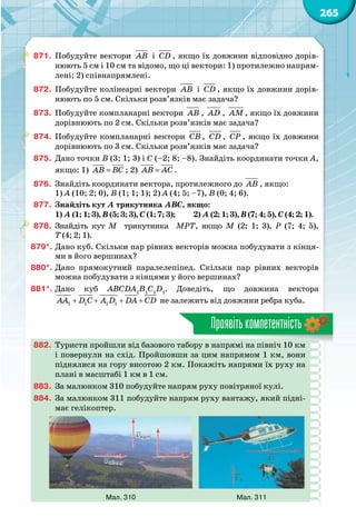 265
Проявітькомпетентність
871.	 Побудуйте вектори АВ і CD , якщо їх довжини відповідно дорів-
нюють 5 см і 10 см та відомо, що ці вектори: 1) протилежно напрям-
лені; 2) співнапрямлені.
872.	 Побудуйте колінеарні вектори АВ і CD , якщо їх довжини дорів-
нюють по 5 см. Скільки розв’язків має задача?
873.	 Побудуйте компланарні вектори АВ , АD , АM , якщо їх довжини
дорівнюють по 2 см. Скільки розв’язків має задача?
874.	 Побудуйте компланарні вектори СВ , СD , СР , якщо їх довжини
дорівнюють по 3 см. Скільки розв’язків має задача?
875.	 Дано точки В (3; 1; 3) і С (–2; 8; –8). Знайдіть координати точки А,
якщо: 1)

АВ =

ВС ; 2)

АВ =

АС .
876.	 Знайдіть координати вектора, протилежного до АВ , якщо:
1) А (10; 2; 0), В (1; 1; 1); 2) А (4; 5; –7), В (0; 4; 6).
877.	 Знайдіть кут А трикутника АВС, якщо:
1) A (1; 1; 3), B (5; 3; 3), C (1; 7; 3); 2) A (2; 1; 3), B (7; 4; 5), C (4; 2; 1).
878.	 Знайдіть кут М трикутника МРТ, якщо М (2; 1; 3), Р (7; 4; 5),
Т (4; 2; 1).
879*.	Дано куб. Скільки пар рівних векторів можна побудувати з кінця-
ми в його вершинах?
880*.	Дано прямокутний паралелепіпед. Скільки пар рівних векторів
можна побудувати з кінцями у його вершинах?
881*.	Дано куб АВСDА1
В1
С1
D1
. Доведіть, що довжина вектора
+ + + +1 1 1 1AA D C A D DA CD не залежить від довжини ребра куба.
882.	 Туристи пройшли від базового табору в напрямі на північ 10 км
і повернули на схід. Пройшовши за цим напрямом 1 км, вони
піднялися на гору висотою 2 км. Покажіть напрями їх руху на
плані в масштабі 1 км в 1 см.
883.	 За малюнком 310 побудуйте напрям руху повітряної кулі.
884.	 За малюнком 311 побудуйте напрям руху вантажу, який підні-
має гелікоптер.
Мал. 310 Мал. 311
 