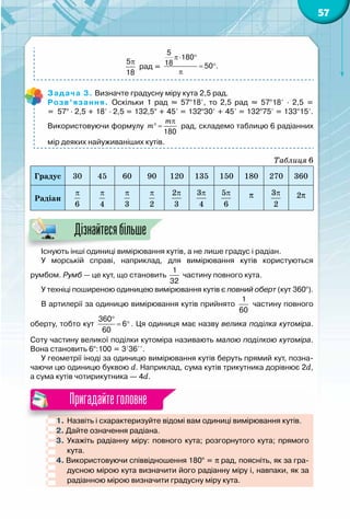 57
π5
18
рад =
π⋅ °
= °
π
5
180
18 50 .
Задача 3. Визначте градусну міру кута 2,5 рад.
Розв’язання. Оскільки 1 рад » 57°18¢, то 2,5 рад » 57°18¢ · 2,5 =
=  57° · 2,5 + 18¢ · 2,5 = 132,5° + 45¢ = 132°30¢ + 45¢ = 132°75¢ = 133°15¢.
Використовуючи формулу
180
m
m
π
° = рад, складемо таблицю 6 радіанних
мір деяких найуживаніших кутів.
Таблиця 6
Градус 30 45 60 90 120 135 150 180 270 360
Радіан
π
6
π
4
π
3
π
2
π2
3
π3
4
π5
6
p π3
2
2p
Існують інші одиниці вимірювання кутів, а не лише градус і радіан.
У морській справі, наприклад, для вимірювання кутів користуються	
румбом. Румб — це кут, що становить
1
32
частину повного кута.
У техніці поширеною одиницею вимірювання кутів є повний оберт (кут 360°).
В артилерії за одиницю вимірювання кутів прийнято
1
60
частину повного
оберту, тобто кут
360
6
60
°
= ° . Ця одиниця має назву велика поділка кутоміра.
Соту частину великої поділки кутоміра називають малою поділкою кутоміра.
Вона становить 6°:100 = 3¢36¢¢.
У геометрії іноді за одиницю вимірювання кутів беруть прямий кут, позна-
чаючи цю одиницю буквою d. Наприклад, сума кутів трикутника дорівнює 2d,
а сума кутів чотирикутника — 4d.
1. 	Назвіть і схарактеризуйте відомі вам одиниці вимірювання кутів.
2. Дайте означення радіана.
3. Укажіть радіанну міру: повного кута; розгорнутого кута; прямого
кута.
4. Використовуючи співвідношення 180° = p рад, поясніть, як за гра-
дусною мірою кута визначити його радіанну міру і, навпаки, як за
радіанною мірою визначити градусну міру кута.
Дізнайтесябільше
Пригадайтеголовне
 