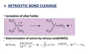 1. HETROLYTIC BOND CLEAVAGE
• Ionization of alkyl halide.
• Determination of amine by nitrous acid(HNO2).
 