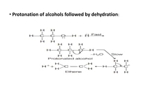 • Protonation of alcohols followed by dehydration:
 