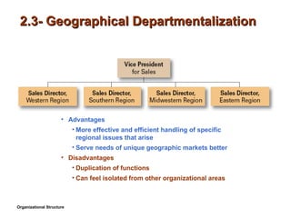 2.3- Geographical Departmentalization Advantages More effective and efficient handling of specific regional issues that arise Serve needs of unique geographic markets better Disadvantages Duplication of functions Can feel isolated from other organizational areas Organizational Structure 