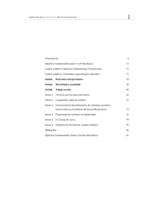 Séptimo Año Básico Orientación Ministerio de Educación 7
Presentación 9
Objetivos Fundamentales para 7º y 8º Año Básico 13
Cuadro sinóptico: Objetivos Fundamentales Transversales 15
Cuadro sinóptico: Contenidos y aprendizajes esperados 17
Unidad: Relaciones interpersonales 18
Unidad: Afectividad y sexualidad 30
Unidad: Trabajo escolar 50
Anexo 1: Técnicas para la educación moral 63
Anexo 2: La pubertad: etapa de cambios 67
Anexo 3: Características discriminatorias de contextos escolares
favorecedores y frenadores del desarrollo personal 73
Anexo 4: Preparando las reuniones de apoderados 75
Anexo 5: El Consejo de Curso 79
Anexo 6: Programa de Orientación. Cuadro sinóptico 81
Bibliografía 85
Objetivos Fundamentales Quinto a Octavo Año Básico 87
 