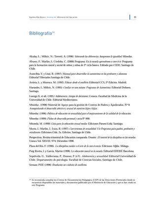 Séptimo Año Básico Orientación Ministerio de Educación 85
Bibliografía14
Alcalay, L.; Milicic, N.; Torretti, A. (1996) Valorando las diferencias, busquemos la igualdad. Mineduc.
Alvarez, F.; Marfán, J.; Córdoba, C. (2000) Programa En la escuela aprendemos a convivir. Programa
para la formación moral y social de niños y niñas de 2º ciclo básico. Editado por CIDE. Santiago de
Chile.
Arancibia, V. y Lissi, R. (1997) Manual para desarrollar la autoestima en los profesores y alumnos.
Editorial Tiberíades Santiago de Chile.
Arrieta, L. y Moresco, M. (1992) Educar desde el conflicto. Editorial CCS, 2º Edición. Madrid.
Haeussler, I.; Milicic, N. (1995) Confiar en uno mismo. Programa de Autoestima. Editorial Dolmen.
Santiago.
Luengo X. et alt. (1995) Adolescencia, tiempo de decisiones. Cemera. Facultad de Medicina de la
Universidad de Chile. Editorial Mediterráneo.
Mineduc. (1998) Material de Apoyo para la gestión de Centros de Padres y Apoderados, Nº 8
Acompañando el desarrollo afectivo y sexual de nuestros hijos e hijas.
Mineduc (1996) Política de educación en sexualidad para el mejoramiento de la calidad de la educación.
Mineduc (1999) Fichas de desarrollo personal y social P-900.
Miranda, M. (1990) Guía para la educación sexual escolar. Ediciones Paesmi Ltda. Santiago.
Morin, J.; Marfán, J.; Icaza, B. (1997) Conversemos de sexualidad. Un Programa para padres, profesores y
estudiantes. Ediciones Cide. 2a. Edición. Santiago de Chile.
Perspectivas, Revista trimestral de Educación comparada. Dossier: El control de la disciplina en las escuelas.
Unesco Vol. XXVIII, Nº4. Diciembre 1998.
Plaza del Río, F. (1996). La disciplina escolar o el arte de la convivencia. Ediciones Aljibe. Málaga.
Puig Rovira, J. y García, Martín (1998) La educación moral en la escuela. Editorial EDEBÉ Barcelona.
Sepúlveda, G., Valderrama, P., Donoso, P. (s/f ). Adolescencia y sexualidad. Editorial Universidad de
Chile. Departamento de psicología. Facultad de Ciencias Sociales. Santiago de Chile.
Sernam-PIIE (1998) Resolución no violenta de conflictos.
14 Se recomienda consultar los Centros de Documentación Pedagógica (CDP) de las Direcciones Provinciales donde se
encuentran disponibles los materiales y documentos publicados por el Ministerio de Educación y que se han citado en
este Programa.
 