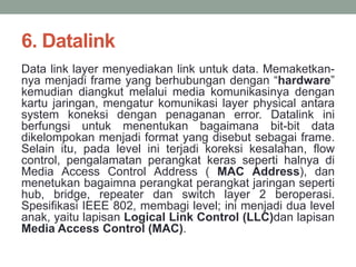 6. Datalink 
Data link layer menyediakan link untuk data. Memaketkan-nya 
menjadi frame yang berhubungan dengan “hardware” 
kemudian diangkut melalui media komunikasinya dengan 
kartu jaringan, mengatur komunikasi layer physical antara 
system koneksi dengan penaganan error. Datalink ini 
berfungsi untuk menentukan bagaimana bit-bit data 
dikelompokan menjadi format yang disebut sebagai frame. 
Selain itu, pada level ini terjadi koreksi kesalahan, flow 
control, pengalamatan perangkat keras seperti halnya di 
Media Access Control Address ( MAC Address), dan 
menetukan bagaimna perangkat perangkat jaringan seperti 
hub, bridge, repeater dan switch layer 2 beroperasi. 
Spesifikasi IEEE 802, membagi level; ini menjadi dua level 
anak, yaitu lapisan Logical Link Control (LLC)dan lapisan 
Media Access Control (MAC). 
 