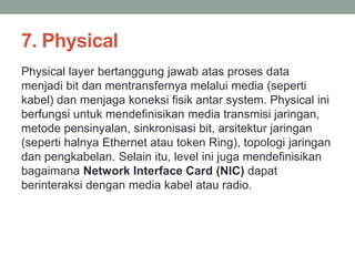 7. Physical 
Physical layer bertanggung jawab atas proses data 
menjadi bit dan mentransfernya melalui media (seperti 
kabel) dan menjaga koneksi fisik antar system. Physical ini 
berfungsi untuk mendefinisikan media transmisi jaringan, 
metode pensinyalan, sinkronisasi bit, arsitektur jaringan 
(seperti halnya Ethernet atau token Ring), topologi jaringan 
dan pengkabelan. Selain itu, level ini juga mendefinisikan 
bagaimana Network Interface Card (NIC) dapat 
berinteraksi dengan media kabel atau radio. 
 