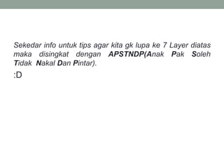Sekedar info untuk tips agar kita gk lupa ke 7 Layer diatas 
maka disingkat dengan APSTNDP(Anak Pak Soleh 
Tidak Nakal Dan Pintar). 
:D 
 