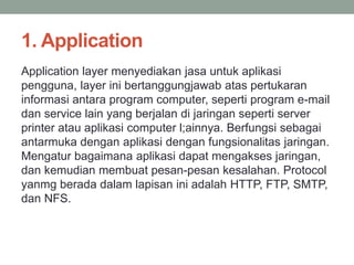 1. Application 
Application layer menyediakan jasa untuk aplikasi 
pengguna, layer ini bertanggungjawab atas pertukaran 
informasi antara program computer, seperti program e-mail 
dan service lain yang berjalan di jaringan seperti server 
printer atau aplikasi computer l;ainnya. Berfungsi sebagai 
antarmuka dengan aplikasi dengan fungsionalitas jaringan. 
Mengatur bagaimana aplikasi dapat mengakses jaringan, 
dan kemudian membuat pesan-pesan kesalahan. Protocol 
yanmg berada dalam lapisan ini adalah HTTP, FTP, SMTP, 
dan NFS. 
 