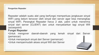Pengertian Repeater
Repeater adalah suatu alat yang berfungsi memperluas jangkauan sinyal
WIFI yang belum tercover oleh sinyal dari server agar bisa menangkap
sinyal WIFI. Perangkat Repeater harus 2 alat, yakni untuk menerima
sinyal dari server (CLIENT) dan untuk menyebarkan lagi sinyal Wifi
(accespoint)
Fungsi Repeater
•Untuk mengover daerah-daerah yang lemah sinyal dari Server
(pemancar)
•Untuk memperjauh sinyal dari Server (pemancar)
•Untuk mempermudah akses sinyal Wifi dari Server
 