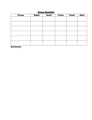 Group Checklist
Comments:
Group Sight Smell Taste Touch Hear
 