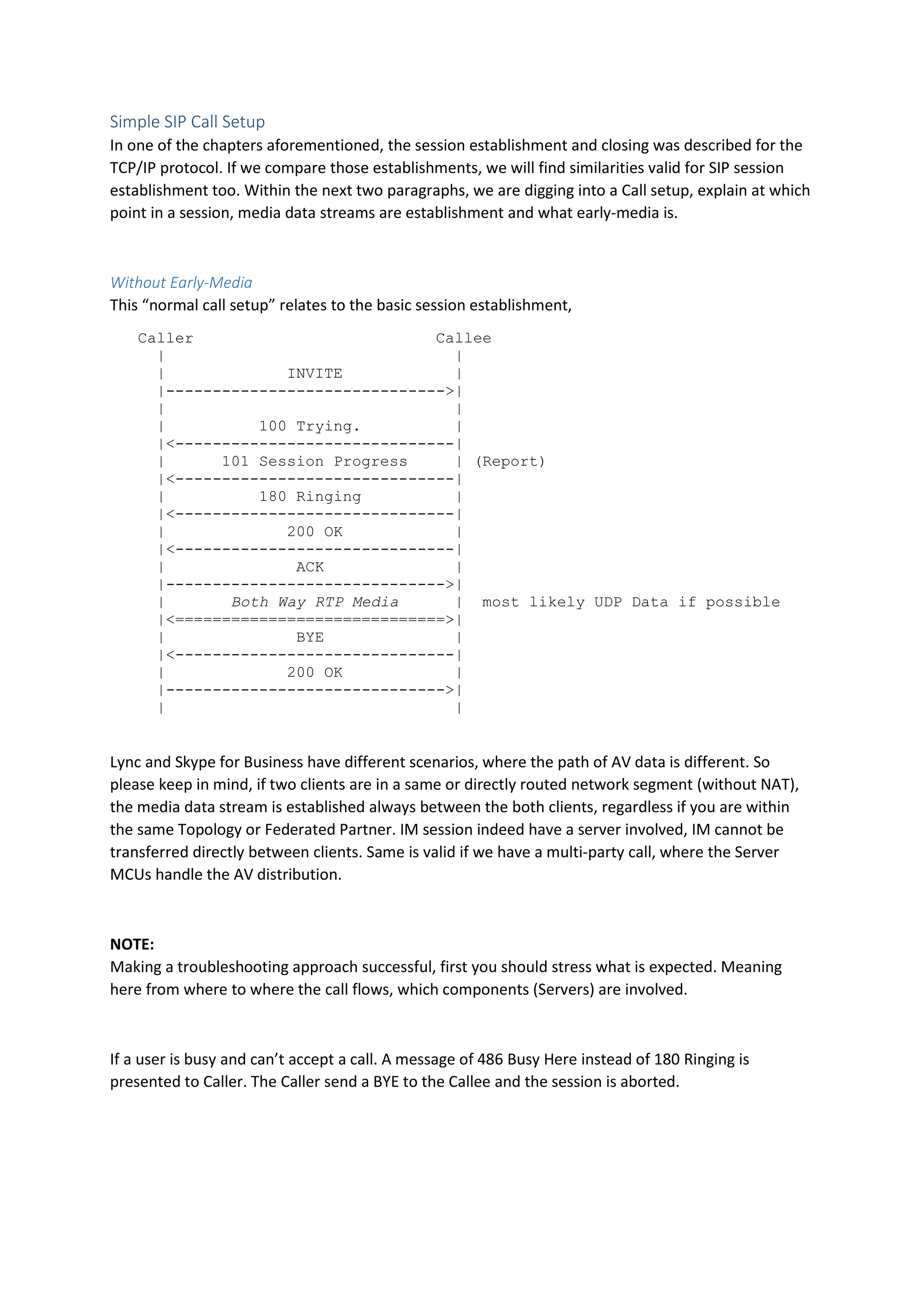 Simple SIP Call Setup
In one of the chapters aforementioned, the session establishment and closing was described for the
TCP/IP protocol. If we compare those establishments, we will find similarities valid for SIP session
establishment too. Within the next two paragraphs, we are digging into a Call setup, explain at which
point in a session, media data streams are establishment and what early-media is.
Without Early-Media
This “normal call setup” relates to the basic session establishment,
Caller Callee
| |
| INVITE |
|------------------------------>|
| |
| 100 Trying. |
|<------------------------------|
| 101 Session Progress | (Report)
|<------------------------------|
| 180 Ringing |
|<------------------------------|
| 200 OK |
|<------------------------------|
| ACK |
|------------------------------>|
| Both Way RTP Media | most likely UDP Data if possible
|<=============================>|
| BYE |
|<------------------------------|
| 200 OK |
|------------------------------>|
| |
Lync and Skype for Business have different scenarios, where the path of AV data is different. So
please keep in mind, if two clients are in a same or directly routed network segment (without NAT),
the media data stream is established always between the both clients, regardless if you are within
the same Topology or Federated Partner. IM session indeed have a server involved, IM cannot be
transferred directly between clients. Same is valid if we have a multi-party call, where the Server
MCUs handle the AV distribution.
NOTE:
Making a troubleshooting approach successful, first you should stress what is expected. Meaning
here from where to where the call flows, which components (Servers) are involved.
If a user is busy and can’t accept a call. A message of 486 Busy Here instead of 180 Ringing is
presented to Caller. The Caller send a BYE to the Callee and the session is aborted.
 