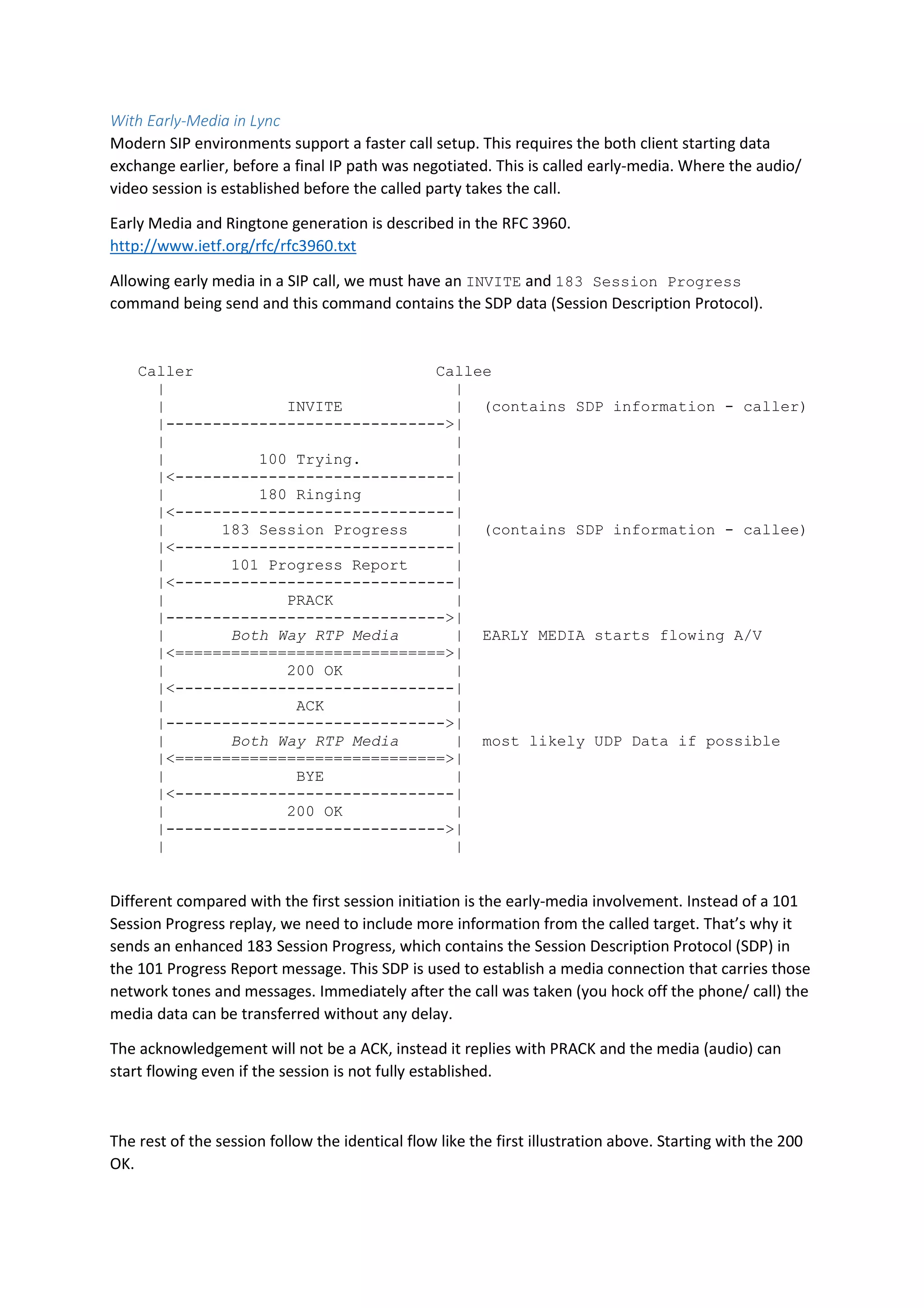 With Early-Media in Lync
Modern SIP environments support a faster call setup. This requires the both client starting data
exchange earlier, before a final IP path was negotiated. This is called early-media. Where the audio/
video session is established before the called party takes the call.
Early Media and Ringtone generation is described in the RFC 3960.
http://www.ietf.org/rfc/rfc3960.txt
Allowing early media in a SIP call, we must have an INVITE and 183 Session Progress
command being send and this command contains the SDP data (Session Description Protocol).
Caller Callee
| |
| INVITE | (contains SDP information - caller)
|------------------------------>|
| |
| 100 Trying. |
|<------------------------------|
| 180 Ringing |
|<------------------------------|
| 183 Session Progress | (contains SDP information - callee)
|<------------------------------|
| 101 Progress Report |
|<------------------------------|
| PRACK |
|------------------------------>|
| Both Way RTP Media | EARLY MEDIA starts flowing A/V
|<=============================>|
| 200 OK |
|<------------------------------|
| ACK |
|------------------------------>|
| Both Way RTP Media | most likely UDP Data if possible
|<=============================>|
| BYE |
|<------------------------------|
| 200 OK |
|------------------------------>|
| |
Different compared with the first session initiation is the early-media involvement. Instead of a 101
Session Progress replay, we need to include more information from the called target. That’s why it
sends an enhanced 183 Session Progress, which contains the Session Description Protocol (SDP) in
the 101 Progress Report message. This SDP is used to establish a media connection that carries those
network tones and messages. Immediately after the call was taken (you hock off the phone/ call) the
media data can be transferred without any delay.
The acknowledgement will not be a ACK, instead it replies with PRACK and the media (audio) can
start flowing even if the session is not fully established.
The rest of the session follow the identical flow like the first illustration above. Starting with the 200
OK.
 