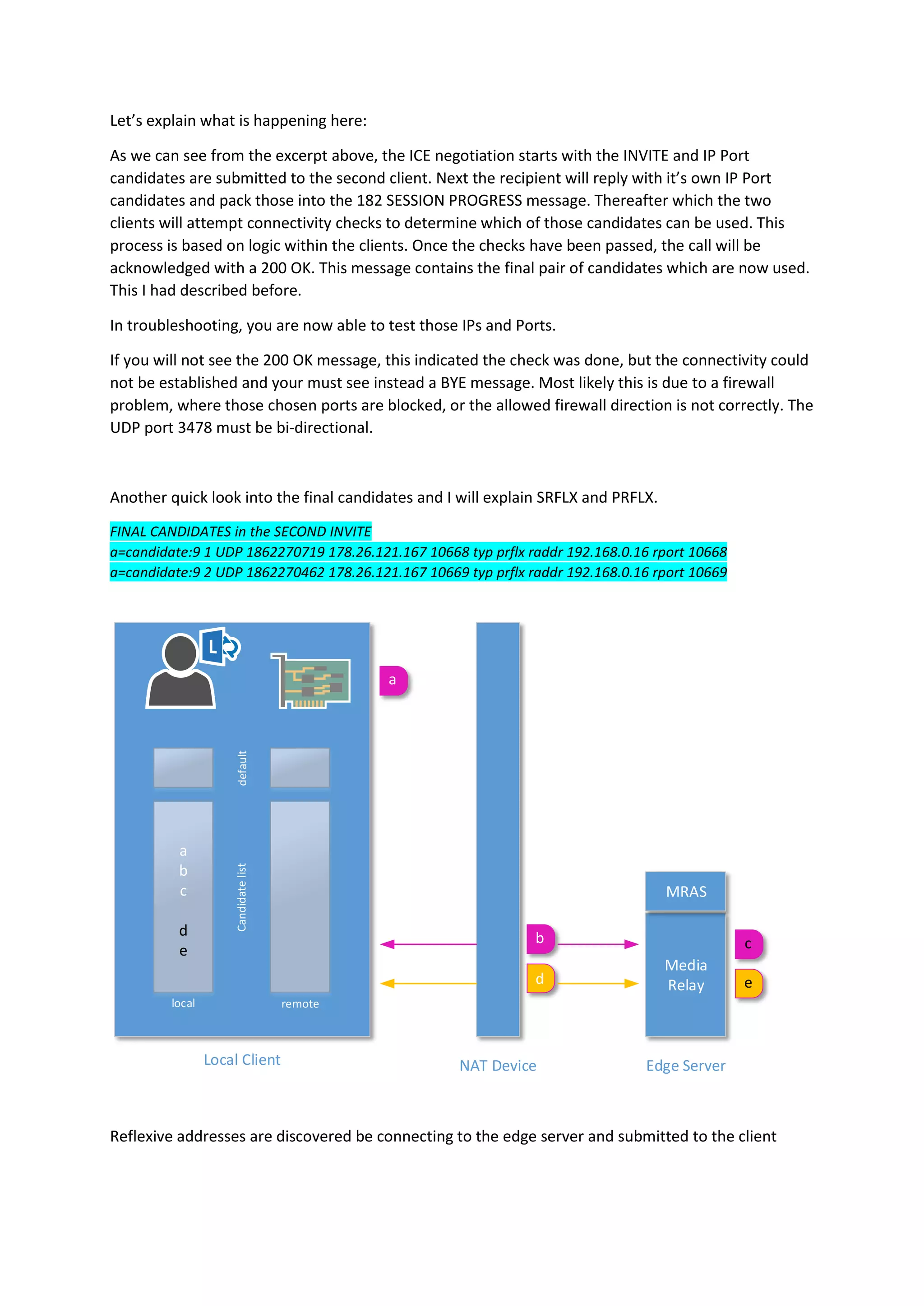 Let’s explain what is happening here:
As we can see from the excerpt above, the ICE negotiation starts with the INVITE and IP Port
candidates are submitted to the second client. Next the recipient will reply with it’s own IP Port
candidates and pack those into the 182 SESSION PROGRESS message. Thereafter which the two
clients will attempt connectivity checks to determine which of those candidates can be used. This
process is based on logic within the clients. Once the checks have been passed, the call will be
acknowledged with a 200 OK. This message contains the final pair of candidates which are now used.
This I had described before.
In troubleshooting, you are now able to test those IPs and Ports.
If you will not see the 200 OK message, this indicated the check was done, but the connectivity could
not be established and your must see instead a BYE message. Most likely this is due to a firewall
problem, where those chosen ports are blocked, or the allowed firewall direction is not correctly. The
UDP port 3478 must be bi-directional.
Another quick look into the final candidates and I will explain SRFLX and PRFLX.
FINAL CANDIDATES in the SECOND INVITE
a=candidate:9 1 UDP 1862270719 178.26.121.167 10668 typ prflx raddr 192.168.0.16 rport 10668
a=candidate:9 2 UDP 1862270462 178.26.121.167 10669 typ prflx raddr 192.168.0.16 rport 10669
defaultCandidatelist
local remote
a
b
c
d
e
Media
Relay
MRAS
Local Client NAT Device Edge Server
a
b
d
c
e
Reflexive addresses are discovered be connecting to the edge server and submitted to the client
 