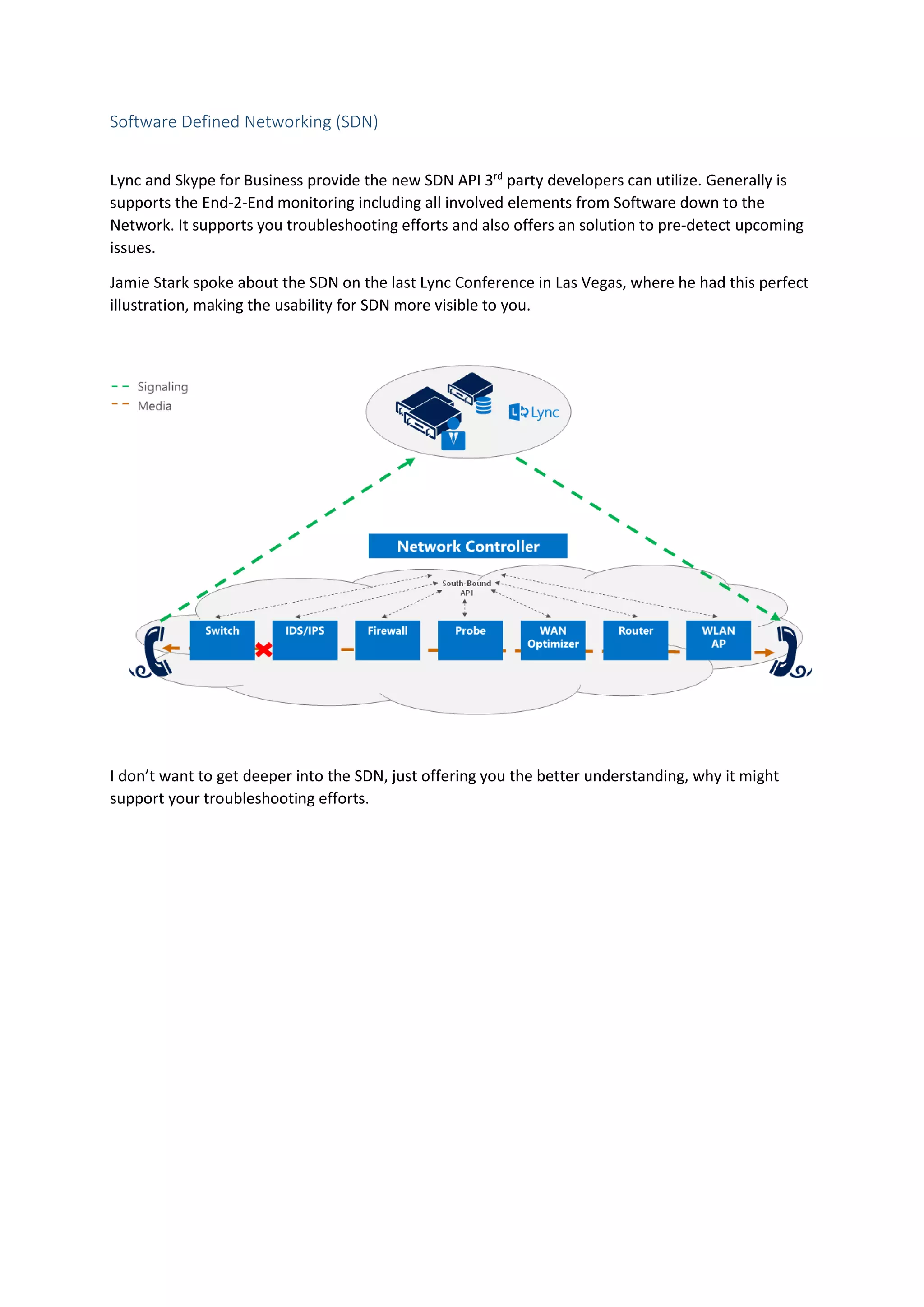 Software Defined Networking (SDN)
Lync and Skype for Business provide the new SDN API 3rd
party developers can utilize. Generally is
supports the End-2-End monitoring including all involved elements from Software down to the
Network. It supports you troubleshooting efforts and also offers an solution to pre-detect upcoming
issues.
Jamie Stark spoke about the SDN on the last Lync Conference in Las Vegas, where he had this perfect
illustration, making the usability for SDN more visible to you.
I don’t want to get deeper into the SDN, just offering you the better understanding, why it might
support your troubleshooting efforts.
 