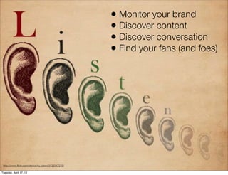 • Monitor your brand
       Listening                                    • Discover content
                              ...