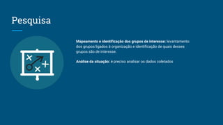 Pesquisa
Mapeamento e identificação dos grupos de interesse: levantamento
dos grupos ligados à organização e identificação de quais desses
grupos são de interesse.
Análise da situação: é preciso analisar os dados coletados
 