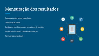 Mensuração dos resultados
Pesquisas sobre temas específicos;
Pesquisas de clima;
Sondagens com lideranças e formadores de opinião;
Grupos de discussão/ Comitês de Avaliação;
Formulários de feedback
 