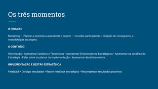 Os três momentos
O PROJETO
Marketing • Plantar a semente e apresentar o projeto • convidar participantes • Criação do cronograma e
metodologias do projeto.
O CONTEÚDO
Informação • Apresentar Cenários e Tendências • Apresentar Direcionadores Estratégicos • Apresentar os detalhes do
Estratégia • Falar sobre os planos de implementação • Apresentar desdobramentos
IMPLEMENTAÇÃO E GESTÃO ESTRATÉGICA
Feedback • Divulgar resultados • Reunir feedback estratégico • Recompensar resultados positivos
 
