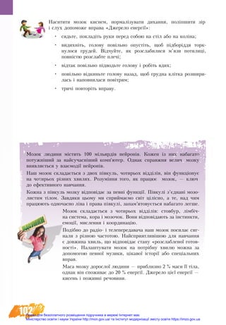 102
Наситити мозок киснем, нормалізувати дихання, поліпшити зір
і слух допоможе вправа «Джерело енергії»:
•	 сядьте, покладіть руки перед собою на стіл або на коліна;
•	 видихніть, голову повільно опустіть, щоб підборіддя торк­
нулося гру­дей. Відчуйте, як розслабилися м’язи потилиці,
повністю розслабте плечі;
•	 відтак повільно підводьте голову і робіть вдих;
•	 повільно відкиньте голову назад, щоб грудна клітка розшири-
лась і наповнилася повітрям;
•	 тричі повторіть вправу.
Мозок людини містить 100 мільярдів нейронів. Кожен із них набагато
потужніший за найсучасніший комп’ютер. Однак справжня велич мозку
виявляється у взаємодії нейронів.
Наш мозок складається з двох півкуль, чотирьох відділів, він функціонує
на чотирьох різних хвилях. Розуміння того, як працює мозок, — ключ
до ефективного навчання.
Кожна з півкуль мозку відповідає за певні функції. Півкулі з’єднані мозо-
листим тілом. Завдяки цьому ми сприймаємо світ цілісно, а те, над чим
працюють одночасно ліва і права півкулі, запам’ятовується набагато легше.
Мозок складається з чотирьох відділів: стовбур, лімбіч-
на система, кора і мозочок. Вони відповідають за інстинкти,
емоції, мислення і координацію.
Подібно до радіо- і телепередавача наш мозок посилає сиг-
нали з різною частотою. Найсприятливішою для навчання
є довжина хвиль, що відповідає стану «розслабленої готов-
ності». Налаштувати мозок на потрібну хвилю можна за
допомогою певної музики, цікавої історії або спеціальних
вправ.
Маса мозку дорослої людини — приблизно 2 % маси її тіла,
однак він споживає до 20 % енергії. Джерело цієї енергії —
кисень і поживні речовини.
Право для безоплатного розміщення підручника в мережі Інтернет має
Міністерство освіти і науки України http://mon.gov.ua/ та Інститут модернізації змісту освіти https://imzo.gov.ua
 