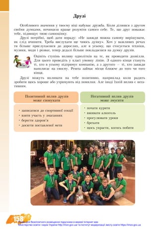 158
Друзі 
Особ­ли­во­го зна­чен­ня у твоєму віці на­бу­ває друж­ба. Ко­ли ділиш­ся з другом
своїми думками, по­чи­наєш кра­ще ро­зуміти са­мо­го се­бе. Те, що друг по­ва­жає
те­бе, підви­щує твою са­мооцінку.
Друзі потрібні, щоб да­ти по­ра­ду: «Не завжди мож­на са­мо­му вирішу­ва­ти,
як слід вчи­ни­ти. Треба вислухати ще чиюсь дум­ку». Хоч у важливих речах
ти більше прислухаєшся до дорослих, але в усьîìó, ùî ñòîñóºòüñÿ òåõí³êè,
ìóçèêè, ìîäè ³ ðîçâàã, тепер дедалі á³ëüøå ïîêëàäàºøñÿ íà äóìêó äðóç³â.
Îö³í³òü ñòóï³íü âïëèâó îäíîë³òê³â на те, ÿê ïðîâîäèòè äîçâ³ëëÿ.
Äëÿ öüîãî ïðîâåä³òü у êëàñ³ óìîâíó ë³í³þ. Ç îäíîãî ê³íöÿ ñòàíóòü
ò³, õòî в уñüîìó ï³äòðèìóº êîìïàí³þ, à ç другîãî — ò³, õòî çàâæäè
íàïîëÿãàº íà ñâîºìó. Ðåøòà çàéìàє ì³ñöÿ áëèæ÷å äî òîãî ÷è тîãî
êінця.
Друзі можуть впливати на тебе позитивно, наприклад коли радять
зробити щось хороше або утримують від помилки. Але іноді їхній вплив є нега-
тивним.
Позитивний вплив друзів
може спонукати
Негативний вплив друзів
може змусити
•	записатися до спортивної секції
•	взяти участь у змаганнях
•	берегти здоров’я
•	досягти поставленої мети
•	почати курити
•	вживати алкоголь
•	прогулювати уроки
•	брехати
•	щось украсти, когось побити
Право для безоплатного розміщення підручника в мережі Інтернет має
Міністерство освіти і науки України http://mon.gov.ua/ та Інститут модернізації змісту освіти https://imzo.gov.ua
 