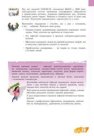 29
Під час пандемії COVID-19, оголошеної ВООЗ у 2020 році,
спостерігалося суттєве зменшення атмосферного забруднення
у промислових регіонах, очищення прибережних вод, нетипова
поведінка диких тварин. Знайдіть в інтернеті статті та відео про
ці події. Підготуйте повідомлення і презентуйте їх у класі.
Прочитайте твердження і з’ясуйте, які з них є істинними,
а які — хибними. Поясніть свою думку.
•	 Серцево-судинні захворювання загрожують переважно літнім
людям. Тому підлітків ця проблема не стосується.
•	 Усі інфекції потрапляють в організм повітряно-крапельним
шляхом.
•	 Щеплення захищають людей від найнебезпечніших хвороб, які
в минулому спричиняли епідемії та пандемії.
•	 Профілактика захворювань — це справа не тільки лікарів,
а й самих людей.
Основні причини хвороб — інфекції, переохолодження, перегріван-
ня, неправильне харчування, малорухливий спосіб життя, травмування,
вживання тютюну, алкоголю, наркотиків, отруєння, різні форми опромі-
нення, стреси, недосипання, надмірний шум, вібрація.
Захисні реакції організму виявляються у вигляді болю, запалення
і підвищення температури.
Потенційно небезпечні інфекції загрожують людям щодня.
Деякі з них постійно живуть у нашому організмі, однак
завдяки його захисній системі ми здорові.
Бар’єрами на шляху проникнення інфекцій є шкіра, слизові
оболонки дихальних шляхів і органів травлення.
У разі потрапляння в організм інфекції починається імунна
реакція.
Заходи з профілактики інфекційних захворювань здійсню-
ють на міжнародному, державному й особистому рівнях.
 