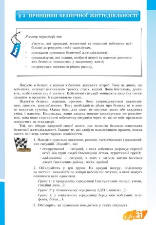 31
§ 5. ПРИНЦИПИ БЕЗПЕЧНОЇ ЖИТТЄДІЯЛЬНОСТІ
Потреба в безпеці є однією з базових людських потреб. Тому не дивно, що
небезпечні ситуації викликають тривогу, страх, відчай. Вони бентежать, драту-
ють, позбавляють сну й апетиту. Небезпечні ситуації «вмикають аварійну сигна-
лізацію» в організмі й спричиняють стрес.
Відчуття безпеки, навпаки, приємне. Воно супроводжується задоволен-
ням, спокоєм, розслабленням. Тому необхідність дбати про безпеку ні в кого
не викликає сумніву. Однак іноді для цього не вистачає знань або важливих
умінь і навичок. Наприклад, якщо людина вперше користується метрополіте-
ном, вона може спричинити небезпечну ситуацію через те, що не вміє правильно
поводитися на ескалаторі.
Той, хто обирає здоровий спосіб життя, має володіти багатьма навичками
безпечної життєдіяльності. Інакше те, що здобуто наполегливою працею, можна
звести нанівець елементарною необачністю.
1. Наведіть приклади щоденних ризиків, екстремальних і надзвичай-
них ситуацій. Згадайте, що:
•	еêñòðåìàëüíі — ñèòóàö³¿, в яких íåáåçïåêà çàãðîæóº окремій
особі або групі людей (пасажирам літака, туристичній групі);
•	нàäçâè÷àéíі — ситуації, в яких є çàãðîза життю багатьох
ëþäåé (населенню району, міста, країни).
2. Об’єднайтесь у три групи. На аркуші паперу, поділеному
на частини, намалюйте по чотири небезпечні ситуації, в яких можуть
опинитися ваші однолітки.
Група 1: у природному середовищі (несприятливі погодні умови,
стихійні лиха...).
Група 2: у техногенному середовищі (ДТП, пожежі...).
Група 3: у соціальному середовищі (крадіжки мобільних теле-
фонів, бійки...).
3. Обговоріть, як правильно поводитись у таких ситуаціях.
Уцьому параграфі ти:
•	 з’ясуєш, які природні, техногенні та соціальні небезпеки най-
більше загрожують твоїм одноліткам;
•	 пригадаєш принципи безпечної життєдіяльності;
•	 проаналізуєш, які знання, особисті якості та навички допомага-
ють безпечно поводитись у щоденному житті;
•	 потренуєшся оцінювати рівень ризику.
 