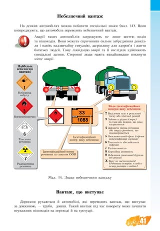 41
Не­без­пе­чний ван­таж
На деяких автомобілях можна побачити спеціальні знаки (мал.  14). Во­ни
по­пе­ре­д­жу­ють, що ав­то­мобіль пе­ре­во­зить не­без­печ­ний ван­таж.
Аварії та­ких ав­то­мобілів за­гро­жу­ють не лише жит­тю водія
та пішо­ходів. Во­ни мо­жуть спри­чи­нити силь­не за­бруд­нен­ня довкіл-
ля і навіть над­зви­чай­ну си­ту­ацію, за­гро­зливу для здо­ров’я і жит­тя
ба­га­ть­ох лю­дей. То­му ліквідацію аварії та її наслідків здійснюють
спеціальні за­го­ни. Сторонні люди мають як­найш­вид­ше по­ки­ну­ти
місце аварії.
Ван­таж, що ви­с­ту­пає
Дорогами ру­ха­ють­ся й ав­то­мобілі, які пе­ре­во­зять ван­таж, що ви­с­ту­пає
за до­вжиною, — тру­би, до­шки. Та­кий ван­таж під час по­во­ро­ту мо­же за­че­пи­ти
не­уваж­них пішо­ходів на пе­ре­ході й на тро­ту­арі.
Мал. 14. Зна­ки не­без­печ­но­го ван­та­жу
Найбільш
небезпечні 
вантажі
Небезпека
вибуху
Вогненебезпечно
Токсична
речовина
Радіоактивна
речовина
Ідентифікаційний
номер виду небезпеки
2 Виділення газу в результаті
тиску або хімічної реакції
3 Займиста рідина (пари)
та гази або рідини, що само-
нагріваються
4 Займиста тверда речовина
або тверда речовина, що
самонагрівається
5 Окиснювальний ефект (ефект
інтенсифікації горіння)
6 Токсичність або небезпека
інфекції
7 Радіоактивність
8 Корозійна активність
9 Небезпека спонтанної бурхли-
вої реакції
Х Воду не застосовувати!
(Речовина вступає в небез-
печну реакцію з водою)
Коди ідентифікаційних­
номерів виду небезпеки
Ідентифікаційний номер
речовини за списком ООН
 