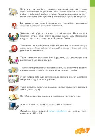 5
Áëîê-ñõå­ìè òè çóñòð³íåø, âèâ­÷à­þ­÷è алгоритми ïî­âåä³íêè ó ñè­òó­
àö³ÿõ, íà­áëè­æå­íèõ äî ðå­àëü­íèõ, êî­ëè ìîæ­íà â÷è­íè­òè ïî-ð³çíî­ìó,
а îá­ðà­òè íàé­êðà­ùèé âàð³àíò íå­ëåã­êî. Âè­êî­íó­þ­÷è çà­âäàí­íÿ çà äî­ïî­
ìî­ãîþ áëîê-ñõåì, ñë³ä ðó­õà­òè­ñь ó зазначеному ñòð³ëêà­ìè íà­ïðÿì­êó.
Тà­ê позначено çà­ïè­òàí­íÿ ³ çà­âäàí­íÿ для самостійного виконання.
Çà­âäàí­íÿ ï³äâè­ùå­íî¿ ñêëàä­íîñò³ помічено *.
Çà­âäàí­íÿ ö³º¿ ðó­á­ðè­êè ïðè­çíà­÷å­íі äëÿ îá­ãî­âî­ðåí­íÿ. Öå ìî­æå áó­òè
ìîç­êî­âèé øòóðì, êî­ëè êî­æåí ­ïðî­ïî­íóº âëàñí³ ³äå¿, îá­ãî­âî­ðåí­íÿ
â ãðó­ïàõ, àíàë³ç æèòòºâèõ ñè­òó­àö³é, äå­áà­òè, бесіда.
Уважно постався до інформації цієї рубрики. Òàê ïî­çíà­÷å­íî застере-
ження про особливо нå­áåç­ïå÷­íі ñè­òó­àö³ї, а також уміння, які треба
ретельно відпрацювати.
Таким символом позначено ігри і руханки, які допоможуть вам
розім’ятись і поліпшать настрій.
Так позначено рольові ігри та інсценування, які допоможуть тобі від-
працювати моделі поведінки в різних життєвих ситуаціях.
У цій рубриці тобі буде запропоновано âè­êî­íà­òè ïðî­єêò ñà­ìîñò³éíî
або ðà­çîì іç äðó­çÿ­ìè чи дорослими.
Таким символом позначено завдання, які тобі пропонують виконати
до наступного уроку.
Öÿ ðó­á­ðè­êà ïðî­ïî­íóº ïðî­÷è­òà­òè êíèæ­êó, ùî ñòî­ñóºòüñÿ òå­ìè.
А цÿ — ïî­äè­âè­òè­ñÿ відео за посиланням в інтернеті.
Çóñòð³âøè ñëî­âà, âèä³ëåí³ òà­êèì  øðèô­òîì, çâåð­íè­ñь äî ñëîâ­
íè÷­êà íà ñ. 188—189.
 