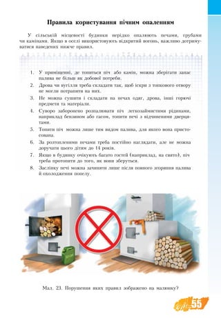 55
Правила користування пічним опаленням 
У сільській місцевості бу­дин­ки нерідко опа­лю­ють­ пе­чами, гру­бами
чи камінами. Якщо в оселі ви­ко­ри­с­то­вують відкри­тий во­гонь, важливо дотриму-
ватися наведених нижче правил.
1.	 У приміщенні, де то­пить­ся піч або камін, мож­на зберіга­ти за­пас
па­ли­ва не більш як до­бо­вої по­тре­би.
2.	 Дро­ва чи вугілля треба скла­да­ти так, щоб іскри з топ­ко­во­го от­во­ру
не мог­ли по­тра­пи­ти на них.
3.	 Не мож­на су­ши­ти і скла­да­ти на пе­чах одяг, дро­ва, інші го­рючі
пред­ме­ти та ма­теріали.
4.	 Суворо за­бо­ро­нено роз­па­лю­ва­ти піч лег­ко­зай­ми­с­ти­ми ріди­на­ми,
на­при­клад бен­зи­ном або га­сом, топ­ити пе­чі з відчинени­ми двер­ця­
та­ми.
5.	 То­пи­ти піч мож­на ли­ше тим ви­дом па­ли­ва, для яко­го во­на при­сто­
со­ва­на.
6.	 За розтопленими печами треба постійно на­гля­да­ти, але не мож­на
до­ру­ча­ти цьо­го дітям до 14 років.
7.	 Як­що в бу­дин­ку очікують ба­га­то гос­тей (на­при­клад, на свя­то), піч
тре­ба про­то­пи­ти до то­го, як вони збе­руть­ся.
8.	 Заслінку печі мож­на зачиня­ти ли­ше після по­вно­го з­го­рян­ня па­ли­ва
й охо­ло­д­жен­ня по­пе­лу.
Мал. 23. Порушення яких правил зображено на малюнку?
 