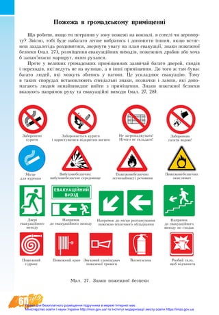 60
Пожежа в громадському приміщенні
Що ро­би­ти, як­що ти по­тра­пи­в у зо­ну по­жежі на вок­залі, в го­телі чи ае­ро­пор­
ту? Звіс­но, тобі бу­де на­ба­га­то лег­ше ви­бра­ти­сь і до­по­мог­ти іншим, як­що встиг­
неш за­зда­легідь роз­ди­ви­ти­ся, звер­ну­ти ува­гу на план ева­ку­ації, знаки пожежної
безпеки (мал. 27), розміщен­ня ева­ку­ацій­них ви­ходів, по­жеж­них дра­бин або хоча
б за­пам’ятаєш мар­ш­рут, яким ру­хав­ся.
Про­те у ве­ли­ких гро­мадсь­ких приміщен­нях за­зви­чай ба­га­то две­рей, схо­дів
і пе­ре­ходів, які ве­дуть не на ву­ли­цю, а в інші приміщен­ня. До то­го ж там бу­ває
ба­га­то лю­дей, які мо­жуть зби­ти­сь у на­товп. Це ус­клад­нює евакуацію. То­му
в та­ких спо­ру­дах вста­нов­лю­ють спеціальні зна­ки, по­знач­ки і лам­пи, які до­по­
ма­га­ють лю­дям як­найш­вид­ше вий­ти з приміщен­ня. Зна­ки по­жеж­ної без­пе­ки
вка­зу­ють на­пря­мок ру­ху та ева­ку­аційні ви­хо­ди (мал. 27, 28).
Мал. 27. Знаки пожежної безпеки
Заборонено
курити
Забороняється курити
і користуватися відкритим вогнем
Вибухонебезпечно:
вибухонебезпечне середовище
Не загромаджувати!
Нічого не складати!
Пожежонебезпечно:
легкозаймисті речовини
Пожежонебезпечно:
окислювач
Заборонено
гасити водою!
Місце
для куріння
Двері
евакуаційного
виходу
Пожежний
гідрант
Вогнегасник Розбий скло,
щоб відчинити
Пожежний кран Звуковий сповіщувач
пожежної тривоги
Напрямок
до евакуаційного
виходу по сходах
Напрямок
до евакуаційного виходу
Напрямок до місця розташування
пожежно-технічного обладнання
Право для безоплатного розміщення підручника в мережі Інтернет має
Міністерство освіти і науки України http://mon.gov.ua/ та Інститут модернізації змісту освіти https://imzo.gov.ua
 