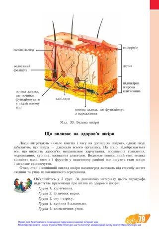 79
Що впливає на здоров’я шкіри
Люди витрачають чимало коштів і часу на догляд за шкірою, однак іноді
забувають, що шкіра — дзеркало всього організму. На шкірі відображається
все, що шкодить здоров’ю: неправильне харчування, порушення травлення,
недосипання, куріння, вживання алкоголю. Водночас повноцінний сон, велика
кількість во­ди, овочів і фруктів у що­ден­но­му раціоні по­ліпшу­ють стан шкіри
і за­галь­не са­мо­по­чут­тя.
Отже, стан і зовнішній вигляд шкіри насамперед залежать від способу життя
людини та умов навколишнього середовища.
Об’єднайтесь у 5 груп. За допомогою матеріалу цього параграфа
підготуйте презентації про вплив на здоров’я шкіри.
Група 1: харчування.
Група 2: фізичних вправ.
Група 3: сну і стресу.
Група 4: куріння й алкоголю.
Група 5: кліматичних умов.
Ìàë. 33. Будова шкіри
епідерміс
дерма
підшкірна
жирова
клітковина
волосяний
фолікул
сальна залоза
потова залоза,
що починає
функціонувати
в підлітковому
віці
потова залоза, що функціонує
з народження
капіляри
Право для безоплатного розміщення підручника в мережі Інтернет має
Міністерство освіти і науки України http://mon.gov.ua/ та Інститут модернізації змісту освіти https://imzo.gov.ua
 