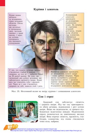 82
Куріння і алкоголь 
Сон і стрес
Здоровий сон забезпечує свіжість
і здоров’я шкіри. Під час сну прискорюєть-
ся обмін речовин, відновлення і ріст клітин
шкіри. Якщо ми недосипаємо, ці процеси від-
буваються недостатньо швидко. Недосипання
одразу позначається на зовнішньому вигляді
шкіри. Вона втрачає свіжість, пружність, стає
блідою, плямистою, під очима з’являються
темні кола, набряки.
Ìàë. 35. Негативний вплив на шкіру куріння і зловживання алкоголем
Зловживання
алкоголем
призводить
до розширення
кровоносних
судин. На початку
це спричиняє
яскравий
рум’янець, згодом
колір обличчя
стає плямистим,
з’являються
плями і червоні
прожилки.
Курця можна
впізнати
за нездоровим,
сірим кольором
обличчя. Оксид
вуглецю,
що міститься
в тютюновому
димі, частково
заміщує у крові
кисень, і через
це клітини
потерпають
від кисневого
голодування.
Вживання алкоголю призводить
до зневоднення, сухості шкіри
і появи дрібних зморщок. Через
високу калорійність алкоголю
порушується апетит, і організм
отримує менше корисних речовин.
Унаслідок цього шкіра набуває
нездорового жовтуватого відтінку.
У тих, хто курить, уп'ятеро частіше
з’являються глибокі й помітні
зморшки, до того ж — набагато (іноді
на 20 років) раніше. Це тому, що
тютюновий дим руйнує речовини, які
забезпечують пружність шкіри. Курці
весь час стискують губи і мружать
очі. Через це у них з’являються
зморшки на лобі, навколо очей і рота.
Право для безоплатного розміщення підручника в мережі Інтернет має
Міністерство освіти і науки України http://mon.gov.ua/ та Інститут модернізації змісту освіти https://imzo.gov.ua
 
