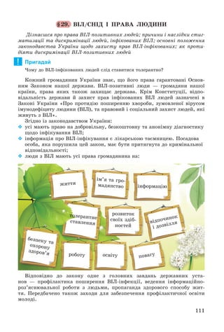 111
§29. ÂІË/ÑÍІÄ І ÏÐÀÂÀ ËÞÄÈÍÈ
Äіçíàєøñÿ ïðî ïðàâà ÂІË-ïîçèòèâíèõ ëþäåé; ïðè÷èíè і íàñëіäêè ñòèã-
ìàòèçàöії òà äèñêðèìіíàöії ëþäåé, іíôіêîâàíèõ ÂІË; îñíîâíі ïîëîæåííÿ
çàêîíîäàâñòâà Óêðàїíè ùîäî çàõèñòó ïðàâ ÂІË-іíôіêîâàíèõ; ÿê ïðîòè-
äіÿòè äèñêðèìіíàöії ÂІË-ïîçèòèâíèõ ëþäåé
Пригадай
×îìó äî ÂІË-іíôіêîâàíèõ ëþäåé ñëіä ñòàâèòèñÿ òîëåðàíòíî?
Êîæíèé ãðîìàäÿíèí Óêðàїíè çíàє, ùî éîãî ïðàâà ãàðàíòîâàíі Îñíîâ-
íèì Çàêîíîì íàøîї äåðæàâè. ÂІË-ïîçèòèâíі ëþäè — ãðîìàäÿíè íàøîї
êðàїíè, ïðàâà ÿêèõ òàêîæ çàõèùàє äåðæàâà. Êðіì Êîíñòèòóöії, âіäïî-
âіäàëüíіñòü äåðæàâè é çàõèñò ïðàâ іíôіêîâàíèõ ÂІË ëþäåé çàçíà÷åíі â
Çàêîíі Óêðàїíè «Ïðî ïðîòèäіþ ïîøèðåííþ õâîðîáè, çóìîâëåíîї âіðóñîì
іìóíîäåôіöèòó ëþäèíè (ÂІË), òà ïðàâîâèé і ñîöіàëüíèé çàõèñò ëþäåé, ÿêі
æèâóòü ç ÂІË».
Çãіäíî іç çàêîíîäàâñòâîì Óêðàїíè:
 óñі ìàþòü ïðàâî íà äîáðîâіëüíó, áåçêîøòîâíó òà àíîíіìíó äіàãíîñòèêó
ùîäî іíôіêóâàííÿ ÂІË;
 іíôîðìàöіÿ ïðî ÂІË-іíôіêóâàííÿ є ëіêàðñüêîþ òàєìíèöåþ. Ïîñàäîâà
îñîáà, ÿêà ïîðóøèëà öåé çàêîí, ìàє áóòè ïðèòÿãíóòà äî êðèìіíàëüíîї
âіäïîâіäàëüíîñòі;
 ëþäè ç ÂІË ìàþòü óñі ïðàâà ãðîìàäÿíèíà íà:
æèòòÿ
іì’ÿ òà ãðî-
ìàäÿíñòâî іíôîðìàöіþ
îñâіòó
ðîçâèòîê
ñâîїõ çäіá-
íîñòåé
âіäïî÷èíîê
і äîçâіëëÿ
ïîâàãó
òîëåðàíòíå
ñòàâëåííÿ
ðîáîòó
áåçïåêó òà
îõîðîíó
çäîðîâ’ÿ
Âіäïîâіäíî äî çàêîíó îäíå ç ãîëîâíèõ çàâäàíü äåðæàâíèõ óñòà-
íîâ — ïðîôіëàêòèêà ïîøèðåííÿ ÂІË-іíôåêöії, âåäåííÿ іíôîðìàöіéíî-
ðîç’ÿñíþâàëüíîї ðîáîòè ç ëþäüìè, ïðîïàãàíäà çäîðîâîãî ñïîñîáó æèò-
òÿ. Ïåðåäáà÷åíî òàêîæ çàõîäè äëÿ çàáåçïå÷åííÿ ïðîôіëàêòè÷íîї îñâіòè
ìîëîäі.
!
 