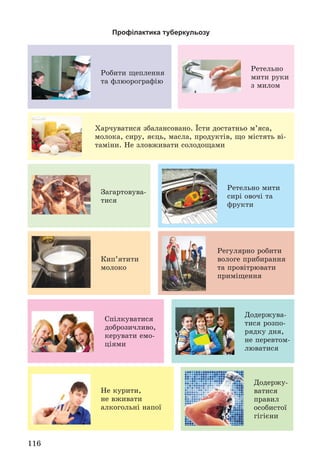 116
Профілактика туберкульозу
Ðåòåëüíî
ìèòè ðóêè
ç ìèëîì
Ðîáèòè ùåïëåííÿ
òà ôëþîðîãðàôіþ
Çàãàðòîâóâà-
òèñÿ
Õàð÷óâàòèñÿ çáàëàíñîâàíî. Їñòè äîñòàòíüî ì’ÿñà,
ìîëîêà, ñèðó, ÿєöü, ìàñëà, ïðîäóêòіâ, ùî ìіñòÿòü âі-
òàìіíè. Íå çëîâæèâàòè ñîëîäîùàìè
Ðåòåëüíî ìèòè
ñèðі îâî÷і òà
ôðóêòè
Ðåãóëÿðíî ðîáèòè
âîëîãå ïðèáèðàííÿ
òà ïðîâіòðþâàòè
ïðèìіùåííÿ
Ñïіëêóâàòèñÿ
äîáðîçè÷ëèâî,
êåðóâàòè åìî-
öіÿìè
Êèï’ÿòèòè
ìîëîêî
Íå êóðèòè,
íå âæèâàòè
àëêîãîëüíі íàïîї
Äîäåðæóâà-
òèñÿ ðîçïî-
ðÿäêó äíÿ,
íå ïåðåâòîì-
ëþâàòèñÿ
Äîäåðæó-
âàòèñÿ
ïðàâèë
îñîáèñòîї
ãіãієíè
 