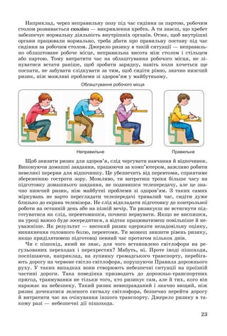 23
Íàïðèêëàä, ÷åðåç íåïðàâèëüíó ïîçó ïіä ÷àñ ñèäіííÿ çà ïàðòîþ, ðîáî÷èì
ñòîëîì ðîçâèâàєòüñÿ ñêîëіîç — âèêðèâëåííÿ õðåáòà. À òè çíàєø, ùî õðåáåò
çàáåçïå÷óє íîðìàëüíó äіÿëüíіñòü âíóòðіøíіõ îðãàíіâ. Îòæå, ùîá âíóòðіøíі
îðãàíè ïðàöþâàëè íîðìàëüíî, òðåáà äáàòè ïðî ïðàâèëüíó ïîñòàâó ïіä ÷àñ
ñèäіííÿ çà ðîáî÷èì ñòîëîì. Äæåðåëî ðèçèêó â òàêіé ñèòóàöії — íåïðàâèëü-
íî îáëàøòîâàíå ðîáî÷å ìіñöå, íåïðàâèëüíà âèñîòà ìіæ ñòîëîì і ñòіëüöåì
àáî ïàðòîþ. Òîìó âèòðàòèòè ÷àñ íà îáëàøòóâàííÿ ðîáî÷îãî ìіñöÿ, íå ëі-
íóâàòèñÿ âñòàòè ðàíіøå, ùîá çðîáèòè çàðÿäêó, íàâіòü êîëè õî÷åòüñÿ ùå
ïîñïàòè, íå çàáóâàòè ñëіäêóâàòè çà òèì, ùîá ñèäіòè ðіâíî, çíà÷íî íèæ÷èé
ðèçèê, íіæ ìîæëèâі ïðîáëåìè çі çäîðîâ’ÿì ó ìàéáóòíüîìó.
Облаштування робочого місця
ПравильнеНеправильне
Ùîá çíèçèòè ðèçèê äëÿ çäîðîâ’ÿ, ñëіä ÷åðãóâàòè íàâ÷àííÿ é âіäïî÷èíîê.
Âèêîíóþ÷è äîìàøíі çàâäàííÿ, ïðàöþþ÷è çà êîìï’þòåðîì, âàæëèâî ðîáèòè
íåâåëèêі ïåðåðâè äëÿ âіäïî÷èíêó. Öå óáåçïå÷èòü âіä ïåðåâòîìè, ñïðèÿòèìå
çáåðåæåííþ ãîñòðîòè çîðó. Ìîæëèâî, òè âèòðàòèø òðîõè áіëüøå ÷àñó íà
ïіäãîòîâêó äîìàøíüîãî çàâäàííÿ, íå ïîäèâèøñÿ òåëåïåðåäà÷ó, àëå öå çíà-
÷íî íèæ÷èé ðèçèê, íіæ ìàéáóòíі ïðîáëåìè çі çäîðîâ’ÿì. Ç òàêèõ ñàìèõ
ìіðêóâàíü íå âàðòî ïåðåãëÿäàòè òåëåïåðåäà÷і òðèâàëèé ÷àñ, ñèäіòè äóæå
áëèçüêî äî åêðàíà òåëåâіçîðà. Íå ñëіä âіäêëàäàòè ïіäãîòîâêó äî êîíòðîëüíîї
ðîáîòè íà îñòàííіé äåíü àáî íà ïіçíіé âå÷іð. Òè ðèçèêóєø íå âñòèãíóòè ïіä-
ãîòóâàòèñÿ ÿê ñëіä, ïåðåâòîìèøñÿ, ïî÷íåø íåðâóâàòè. ßêùî íå âèñïèøñÿ,
íà óðîöі âàæêî áóäå çîñåðåäèòèñÿ, à âіäòàê ïðàöþâàòèìåø ïîâіëüíіøå é íå-
óâàæíіøå. ßê ðåçóëüòàò — âèñîêèé ðèçèê îäåðæàòè íåçàäîâіëüíó îöіíêó,
âèíèêíåííÿ ãîëîâíîãî áîëþ, ïåðåâòîìè. Òè ìîæåø çíèçèòè ðіâåíü ðèçèêó,
ÿêùî ïðèäіëÿòèìåø ïіäãîòîâöі ïåâíèé ÷àñ ïðîòÿãîì êіëüêîõ äíіâ.
×è є ïіøîõіä, ÿêèé íå çíàє, äëÿ ÷îãî âñòàíîâëåíî ñâіòëîôîðè íà ðå-
ãóëüîâàíèõ ïåðåõîäàõ і ïåðåõðåñòÿõ? Ìàáóòü, íі. Ïðîòå іíîäі ïіøîõîäè,
ïîñïіøàþ÷è, íàïðèêëàä, íà çóïèíêó ãðîìàäñüêîãî òðàíñïîðòó, ïåðåáіãà-
þòü äîðîãó íà ÷åðâîíå ñâіòëî ñâіòëîôîðà, ïîðóøóþ÷è Ïðàâèëà äîðîæíüîãî
ðóõó. Ó òàêèõ âèïàäêàõ âîíè ñòâîðþþòü íåáåçïå÷íі ñèòóàöії íà ïðîїçíіé
÷àñòèíі äîðîãè. Òàêà ïîâåäіíêà ïðèçâîäèòü äî äîðîæíüî-òðàíñïîðòíèõ
ïðèãîä, òðàâìóâàííÿ íå òіëüêè òîãî, õòî ðèçèêóє ñàì, àëå é òèõ, êîãî âіí
íàðàæàє íà íåáåçïåêó. Òàêèé ðèçèê íåâèïðàâäàíèé і çíà÷íî âèùèé, íіæ
ðèçèê äî÷åêàòèñÿ çåëåíîãî ñèãíàëó ñâіòëîôîðà, áåçïå÷íî ïåðåéòè äîðîãó
é âèòðàòèòè ÷àñ íà î÷іêóâàííÿ іíøîãî òðàíñïîðòó. Äæåðåëî ðèçèêó â òà-
êîìó ðàçі — íåáåçïå÷íі äії ïіøîõîäà.
 