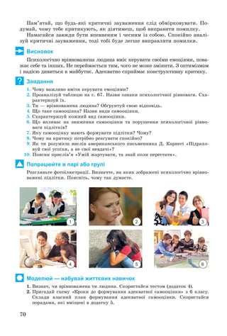 70
Ïàì’ÿòàé, ùî áóäü-ÿêі êðèòè÷íі çàóâàæåííÿ ñëіä îáìіðêîâóâàòè. Ïî-
äóìàé, ÷îìó òåáå êðèòèêóþòü, ÿê äіÿòèìåø, ùîá âèïðàâèòè ïîìèëêó.
Íàìàãàéñÿ çàâæäè áóòè âïåâíåíèì і ÷åñíèì іç ñîáîþ. Ñïîêіéíî àíàëі-
çóé êðèòè÷íі çàóâàæåííÿ, òîäі òîáі áóäå ëåãøå âèïðàâëÿòè ïîìèëêè.
Висновок
Ïñèõîëîãі÷íî âðіâíîâàæåíà ëþäèíà âìіє êåðóâàòè ñâîїìè åìîöіÿìè, ïîâà-
æàє ñåáå òà іíøèõ. Íå ïåðåéìàєòüñÿ òèì, ÷îãî íå ìîæå çìіíèòè. Ç îïòèìіçìîì
і íàäієþ äèâèòüñÿ â ìàéáóòíє. Àäåêâàòíî ñïðèéìàє êîíñòðóêòèâíó êðèòèêó.
Завдання
1. ×îìó âàæëèâî âìіòè êåðóâàòè åìîöіÿìè?
2. Ïðîàíàëіçóé òàáëèöþ íà ñ. 67. Íàçâè îçíàêè ïñèõîëîãі÷íîї ðіâíîâàãè. Ñõà-
ðàêòåðèçóé їõ.
3. Òè — âðіâíîâàæåíà ëþäèíà? Îáґðóíòóé ñâîþ âіäïîâіäü.
4. Ùî òàêå ñàìîîöіíêà? Íàçâè âèäè ñàìîîöіíêè.
5. Ñõàðàêòåðèçóé êîæíèé âèä ñàìîîöіíêè.
6. Ùî âïëèâàє íà çíèæåííÿ ñàìîîöіíêè òà ïîðóøåííÿ ïñèõîëîãі÷íîї ðіâíî-
âàãè ïіäëіòêіâ?
7. ßêó ñàìîîöіíêó ìàþòü ôîðìóâàòè ïіäëіòêè? ×îìó?
8. ×îìó íà êðèòèêó ïîòðіáíî ðåàãóâàòè ñïîêіéíî?
9. ßê òè ðîçóìієø âèñëіâ àìåðèêàíñüêîãî ïèñüìåííèêà Ä. Êàðíåãі «Ïіäðàõî-
âóé ñâîї óñïіõè, à íå ñâîї íåâäà÷і»?
10. Ïîÿñíè ïðèñëіâ’ÿ «Óìіé æàðòóâàòè, òà çíàé êîëè ïåðåñòàòè».
Попрацюйте в парі або групі
Ðîçãëÿíüòå ôîòîіëþñòðàöії. Âèçíà÷òå, íà ÿêèõ çîáðàæåíі ïñèõîëîãі÷íî âðіâíî-
âàæåíі ïіäëіòêè. Ïîÿñíіòü, ÷îìó òàê äóìàєòå.
Моделюй — набувай життєвих навичок
1. Âèçíà÷, ÷è âðіâíîâàæåíà òè ëþäèíà. Ñêîðèñòàéñÿ òåñòîì (äîäàòîê 4).
2. Ïðèãàäàé ñõåìó «Êðîêè äî ôîðìóâàííÿ àäåêâàòíîї ñàìîîöіíêè» ç 6 êëàñó.
Ñêëàäè âëàñíèé ïëàí ôîðìóâàííÿ àäåêâàòíîї ñàìîîöіíêè. Ñêîðèñòàéñÿ
ïîðàäàìè, ÿêі âìіùåíі â äîäàòêó 5.
?
1 2 3
4 5 6
 