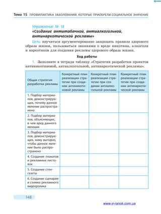 ПРОФИЛАКТИКА ЗАБОЛЕВАНИЙ, КОТО­РЫЕ ПРИОБРЕЛИ СОЦИАЛЬНОЕ ЗНАЧЕНИЕТема 15
148
Упражнение № 18
«Создание антитабачной, антиалкогольной,
антинаркотической рекламы»
Цель: научиться аргументированно защищать правила здорового
образа жизни, пользоваться знаниями о вреде никотина, алкоголя
и наркотиков для создания рекламы здорового образа жизни.
Ход работы
1.	 Заполните в тетради таблицу «Стратегия разработки проектов
антиникотиновой, антиалкогольной, антинаркотической рекламы».
Общая стратегия
разработки рекламы
Конкретный план
реализации стра-
тегии при созда-
нии антиникоти-
новой рекламы
Конкретный план
реализации стра-
тегии при соз-
дании антиалко-
гольной рекламы
Конкретный план
реализации стра-
тегии при созда-
нии антинаркоти-
ческой рекламы
1. Подбор материа-
лов, демонстрирую-
щих, почему данное
явление распростра-
нено
2. Подбор материа-
лов, объясняющих,
в чем вред данного
явления
3. Подбор материа-
лов, демонстрирую-
щих, кому выгодно,
чтобы данное явле-
ние было распро-
странено
4. Создание плакатов
и рекламных листо-
вок
5. Создание стен­
газеты
6. Создание сценария
и съемка рекламного
видеоролика
www.e-ranok.com.ua
 