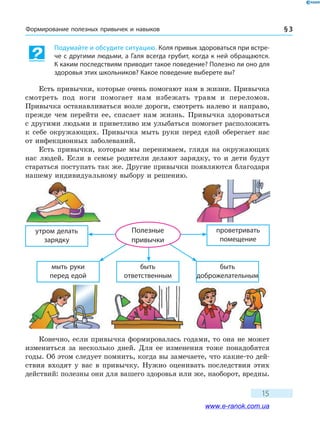 Формирование полезных привычек и навыков § 3
15
Подумайте и обсудите ситуацию. Коля привык здороваться при встре-
че с другими людьми, а Галя всегда грубит, когда к ней обращаются.
К каким последствиям приводит такое поведение? Полезно ли оно для
здоровья этих школьников? Какое поведение выберете вы?
Есть привычки, которые очень помогают нам в жизни. Привычка
смотреть под ноги помогает нам избежать травм и переломов.
Привычка останавливаться возле дороги, смотреть налево и направо,
прежде чем перейти ее, спасает нам жизнь. Привычка здороваться
с дру­гими людьми и приветливо им улыбаться помогает расположить
к себе окружающих. Привычка мыть руки перед едой оберегает нас
от инфекционных заболеваний.
Есть привычки, которые мы перенимаем, глядя на окружающих
нас людей. Если в семье родители делают зарядку, то и дети будут
стараться поступать так же. Другие привычки появляются благодаря
нашему индивидуальному выбору и решению.
мыть руки
перед едой
быть
ответственным
быть
доброжелательным
проветривать
помещение
утром делать
зарядку
Полезные
привычки
Конечно, если привычка формировалась годами, то она не может
измениться за несколько дней. Для ее изменения тоже понадобятся
годы. Об этом следует помнить, когда вы замечаете, что какие-то дей-
ствия входят у вас в привычку. Нужно оценивать последствия этих
действий: полезны они для вашего здоровья или же, наоборот, вредны.
www.e-ranok.com.ua
 