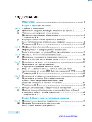 158
СОДЕРЖАНИЕ
Предисловие.......................................................................... 3
Раздел 1. Здоровье человека
Тема 1	 Здоровье и образ жизни............................................................. 6
§ 1	 Целостность здоровья. Факторы, влияющие на здоровье............... 6
§ 2	 Формирование здорового образа жизни.
Преимущества здорового образа жизни......................................10
Упражнение № 1.....................................................................13
§ 3	 Формирование полезных привычек и навыков.
Значение жизненных принципов для здоровья...........................14
Упражнение № 2.....................................................................17
Тема 2	 Профилактика заболеваний......................................................19
§ 4	 Инфекционные и неинфекционные заболевания.
Защитные реакции организма. Меры профилактики...................19
Тема 3	 Принципы безопасной жизнедеятельности..................................24
§ 5	 Природные, техногенные и социальные опасности.
Виды и источники риска. Уровни риска....................................... 24
Тема 4	 безопасность на дороге.............................................................28
§ 6	 Безопасность пассажира легкового
и грузового автомобиля. Опасные грузы.....................................28
§ 7	 Виды ДТП. Положения тела, которые снижают риски
травмирования во время ДТП. Действия свидетелей ДТП............32
Упражнение № 3.....................................................................36
Тема 5	 Безопасность в быту.................................................................37
§ 8	 Безопасность жилища. Правила безопасности
при пользовании средствами бытовой химии,
газовыми приборами и печным отоплением................................37
Упражнение № 4.....................................................................42
Тема 6	 Пожарная безопасность в общественных помещениях..................43
§ 9	 Правила пожарной безопасности в школе. Алгоритм действий
при пожаре в общественном помещении.....................................43
Упражнение № 5.....................................................................48
Раздел 2. Физическая составляющая здоровья
Тема 7	 Индивидуальное развитие подростков........................................50
§ 10	 Признаки биологического, психического,
социального, духовного созревания............................................50
www.e-ranok.com.ua
 