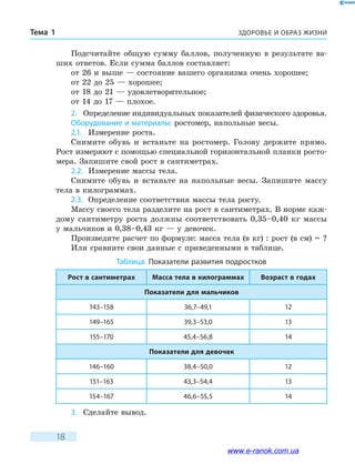 ЗДОРОВЬЕ И ОБРАЗ ЖИЗНИТема 1
18
Подсчитайте общую сумму баллов, полученную в результате ва-
ших ответов. Если сумма баллов составляет:
от 26 и выше — состояние вашего организма очень хорошее;
от 22 до 25 — хорошее;
от 18 до 21 — удовлетворительное;
от 14 до 17 — плохое.
2.	 Определение индивидуальных показателей физического здоровья.
Оборудование и материалы: ростомер, напольные весы.
2.1.	 Измерение роста.
Снимите обувь и встаньте на ростомер. Голову держите прямо.
Рост измеряют с помощью специальной горизонтальной планки росто-
мера. Запишите свой рост в сантиметрах.
2.2.	 Измерение массы тела.
Снимите обувь и встаньте на напольные весы. Запишите массу
тела в килограммах.
2.3.	 Определение соответствия массы тела росту.
Массу своего тела разделите на рост в сантиметрах. В норме каж-
дому сантиметру роста должны соответствовать 0,35–0,40 кг массы
у мальчиков и 0,38–0,43 кг — у девочек.
Произведите расчет по формуле: масса тела (в кг) : рост (в см) = ?
Или сравните свои данные с приведенными в таблице.
Таблица. Показатели развития подростков
Рост в сантиметрах Масса тела в килограммах Возраст в годах
Показатели для мальчиков
143–158 36,7–49,1 12
149–165 39,3–53,0 13
155–170 45,4–56,8 14
Показатели для девочек
146–160 38,4–50,0 12
151–163 43,3–54,4 13
154–167 46,6–55,5 14
3.	 Сделайте вывод.
www.e-ranok.com.ua
 