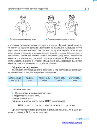 Показатели физического развития подростков § 11
59
в локтевом суставе и поднесите кулак к плечу. Другой рукой возьми-
те ленту за нулевое деление, наложите на наиболее выпуклое место
двуглавой мышцы (бицепса) так, чтобы сверху и снизу она была на од-
ном уровне, и соедините концы на внутренней стороне. Зафиксируйте
показатель. Затем, не снимая ленты, опустите руку вниз, расслабьте
мышцы и в том же месте сделайте второе измерение. Разница между
результатами первого и второго измерений характеризует развитие
мышцы (это так называемый «размах плеча»).
Оформление результатов
Заполните в тетради данную таблицу. В эту же таблицу необходи-
мо записывать и все последующие измерения.
Дата проведе-
ния теста
Ширина
плеч
Окружность
талии
Окружность
плеча
Окружность
груди
Сделайте выводы.
5.	 Определение индекса массы тела.
Измерьте свою массу тела.
Измерьте свой рост.
Вычислите индекс массы тела (ИМТ) по формуле:
ИМТ = m : h2
, где m — маса тела (кг), h — рост (м)
Сравните полученный результат с данными таблицы № 1 для де-
вочек и таблицы № 2 для мальчиков.
�	 Определение окружности талии �	 Определение окружности плеча
www.e-ranok.com.ua
 