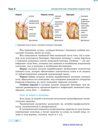 КОСМЕТИЧЕСКИЕ ПРОБЛЕМЫ ПОДРОСТКОВТема 8
66
Под терминами «угри», «угревая болезнь» понимают гнойное вос-
паление сальных желез на коже.
Как появляются гнойники? Они возникают из-за того, что в кож-
ном сале поселяются бактерии. Организм начинает с ними бороться
с помощью защитных клеток иммунной системы. Гнойник — это сво-
еобразное «поле боя», усеянное как живыми и погибшими защитными
клетками, так и живыми и погибшими бактериями.
Норма: сальные железы вырабатывают необходимое количество
кожного сала, которое обеспечивает эластичность кожи и ее защиту
от неблагоприятных влияний окружающей среды.
Черная точка: сальные железы вырабатывают излишек кожного
сала, образуются его скопления, над которыми появляются открытые
(черные) комедоны, их часто называют черными точками.
Гнойник (прыщ): в сальные железы попадают бактерии, они на-
чинают размножаться, организм борется с инфекцией, возникает свое­
образное «поле боя» — гнойник.
Уход за кожей и волосами
Для ухода за кожей и волосами используют разнообразные косме-
тические средства.
Традиционно косметику разделяют на лечебно-профилактиче-
скую, гигиеническую и декоративную.
К гигиеническим относятся косметические средства от пота (тальк,
освежающие лосьоны), а также средства по уходу за кожей лица, го-
ловы и тела (кремы, лосьоны, мыло и т. п.).
�	 Здоровая кожа и кожа с черными точками и прыщами
волос
фолликул фолликул фолликул
свободный
выход сала
черная
точка
прыщик
скопление
кожного
сала
инфици-
рованное
кожное
сало (бак-
терии)кожное
сало кожное
сало
кожное
сало
сальная
железа сальная
железа
сальная
железа
Норма Черная точка Прыщик
www.e-ranok.com.ua
 