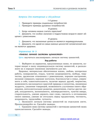 ПСИХИЧЕСКОЕ И ДУХОВНОЕ РАЗВИТИЕТема 9
74
Вопросы для повторения и обсуждения
I–II уровни
1.	 Приведите примеры социальных потребностей.
2.	 Приведите примеры духовных потребностей.
III уровень
3.	 Когда человека можно считать взрослым?
4.	 Докажите, что особое значение в подростковом возрасте имеет об-
щение с ровесниками.
IV уровень
5.	 Докажите, что жизненные ценности являются индивидуальными.
6.	 Докажите, что одной из самых важных ценностей человеческой жиз-
ни является здоровье.
Упражнение № 9
«Анализ личной системы ценностей»
Цель: научиться анализировать личную систему ценностей.
Ход работы
1.	 Выберите из вариантов, предложенных ниже, те ценности, ко-
торые входят в вашу индивидуальную систему ценностей, и располо-
жите их в порядке снижения значимости для вас.
Здоровье, материально обеспеченная жизнь, любовь, интересная
работа, саморазвитие, отдых, чувство защищенности, свобода, твор-
чество, дружеские отношения с ровесниками, хорошее настроение,
желание совершать хорошие поступки, благополучие в семье, уверен-
ность в себе, самостоятельность, наличие верных друзей, творчество,
возможность наслаждаться красотой природы и искусства, жизненная
мудрость, уважение товарищей, возможность улучшения своего обра-
зования, интеллектуальное развитие, развлечения, счастье других лю-
дей, аккуратность, воспитанность, жизнерадостность, чувство юмора,
старательность, умение держать свое слово, смелость в отстаивании
своего мнения, умение не отступать перед трудностями, честность,
искренность, трудолюбие, чуткость.
2.	 Запишите личную систему ценностей на отдельном листе.
Проанализируйте ее. Сделайте выводы.
3.	 Сравните свою систему ценностей с системами ценностей своих
одноклассников. Сделайте выводы.
www.e-ranok.com.ua
 